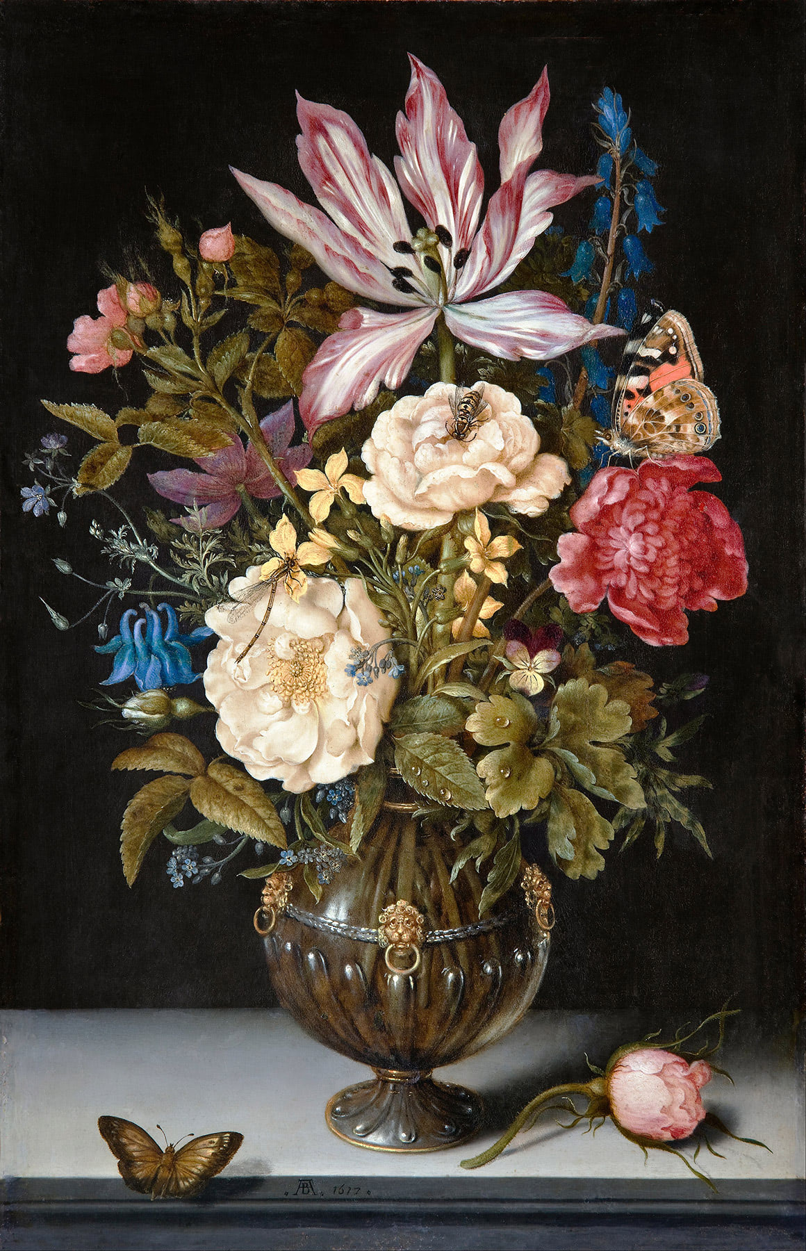 A painting by Ambrosius Bosschaert called "Still Life with Flowers." A floral arrangement in a decorative vase, featuring various flowers and insects, including butterflies and a bee, set against a dark background.