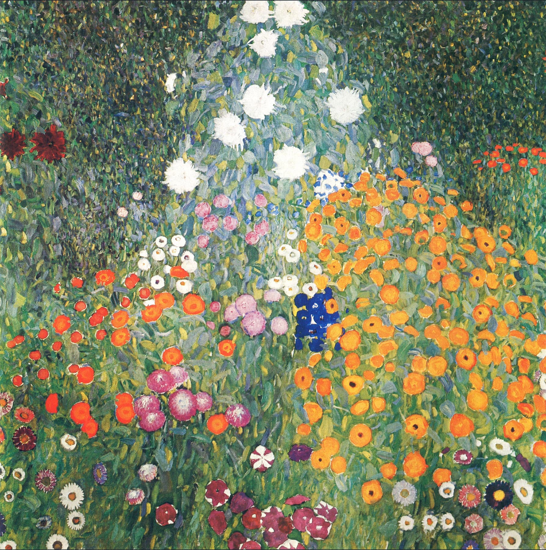 A painting by Gustav Klimt called "Flower Garden." Colorful flowers bloom vibrantly in a densely packed garden, filling the scene with various hues of orange, white, purple, and red against a backdrop of lush green foliage.