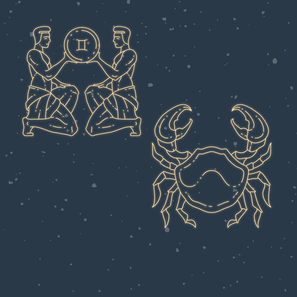 Two outlined figures kneel, holding a disc with a Gemini symbol, and an outlined crab stands below; set on a dark speckled background resembling a starry night sky.